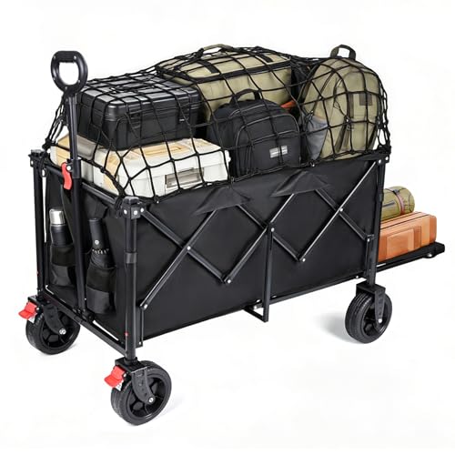 YEAUPE PRO Carrito Plegable de Transporte – Carga 200kg, Fondo Abatible para Objetos Largos. Carro de Playa con Frenos, para Playa, Camping, Pesca, Transporte Familiar – 120-160L, Negro