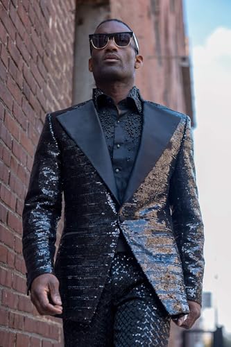 Barabas Men's Linear Sequin Design Peak Lapel Shiny Blazer 4BLR343