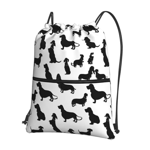 JAYWIS Black Dogs Rucksack mit Dackel-Motiv, mit Kordelzug, mit Reißverschlusstaschen, wasserabweisend, leicht, für Wandern und Fitnessstudio, verstellbare Träger, kompakt