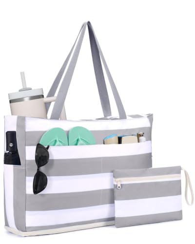 Image of WANDF Beach Bags for Women, Large Waterproof Sandproof Beach Tote Bag with Zipper Family Pool Bags with 40oz Tumbler Pocket, Swim Cruise Vacation Essentials (Grey)