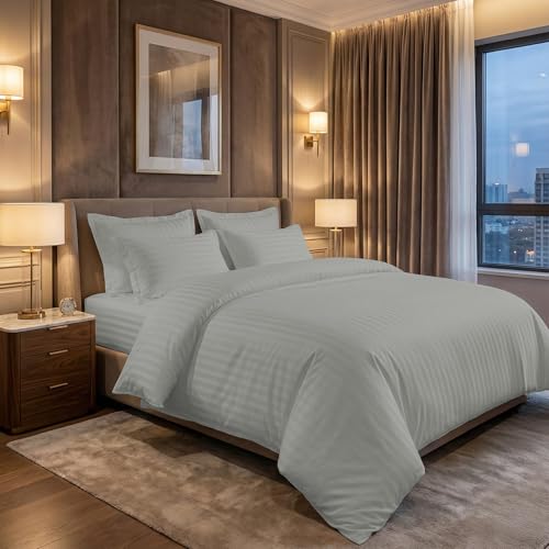 Image of LINENWALAS Cotton 300 Thread Count Single Size Bedsheet Set | 2 cm Sateen Stripe Design | Cloud-Soft, Breathable & Skin-Safe |Oeko-TEX Certified Hotel-Style Bedding (60 x 90, Silver Grey)