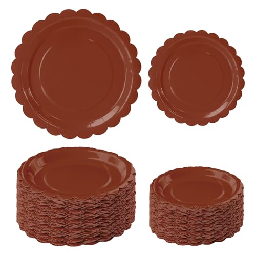 FALIZIFU 50 Pcs Brown Scalloped Paper Plates 25 7 and 25 9 Disposable Brown Scalloped Dinner Plates for Wedding Baby Shower Birthday Party Disposable Dessert Plate