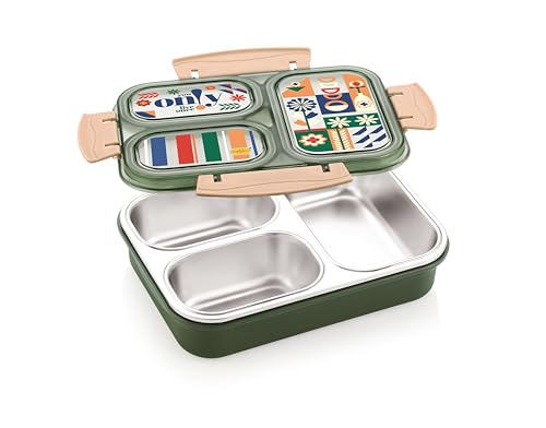 Image of Nero 3 Insulated Lunch Box with Three Compartment BPA Free, Food Grade Ideal for School, Picnic, Office & Outdoor - 750ml Deep Coral, Stainless Steel (Green)
