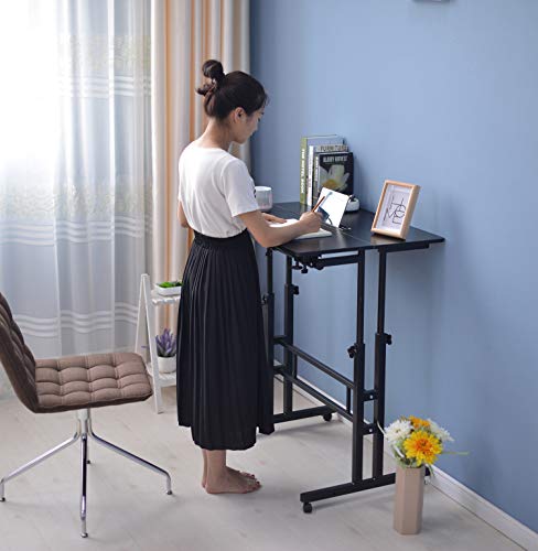 SIDUCAL Mobile Stand Up Desk, Adjustable Laptop Desk with Wheels Storage Desk Home Office Workstation, Rolling Table Laptop Cart for Standing or Sitting, Black