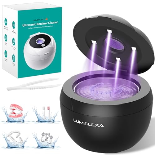 Lumiflexa Ultrasonic Retainer Cleaner, 45000Hz Ultrasonic Cleaner with 4 UV-Light & 4 Cleaning Modes, 200ML - Retainer Cleaner Machine for Dentures, Aligner, Toothbrush Head, Jewelry (Black)