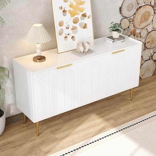 Buffet Blanc avec Accent doré, 140 x 38 x 75 cm, Buffet élégant avec 4 Portes, Fonction Soft-Close et tablettes réglables en Hauteur, Armoire de Buffet...