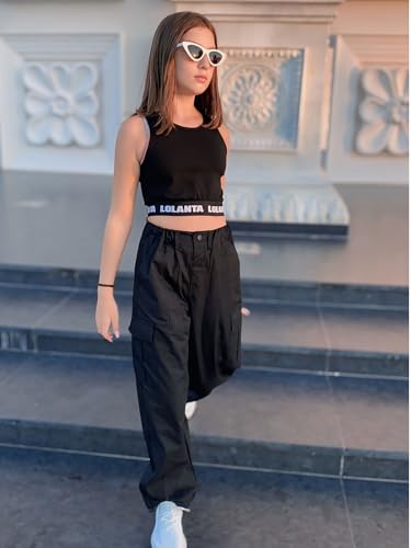 Image of Rolanko Girls Cargo Pants Wide Leg Streetwear Kids Pants with Pockets Trendy Jogger Trousers 4-14 Years