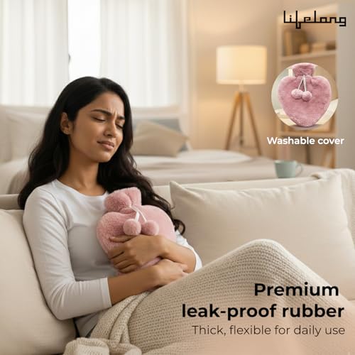 Image of Lifelong Heart Shaped Hot Water Bottle 1000 ml with Washable Fur Cover | Hot Water Bag for Pain Relief & Period Cramps | Ideal for Hand & Belly Warmer | Comfort with Leak-Proof Design (LLEHWB18)