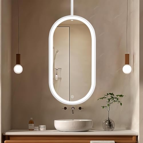 Espejos de baño grandes con marco de metal para sobre lavabo | Espejo de maquillaje ovalado con luz LED para colgar en el techo | Espejo moderno para decoración de hoteles y hogares (50 cm x