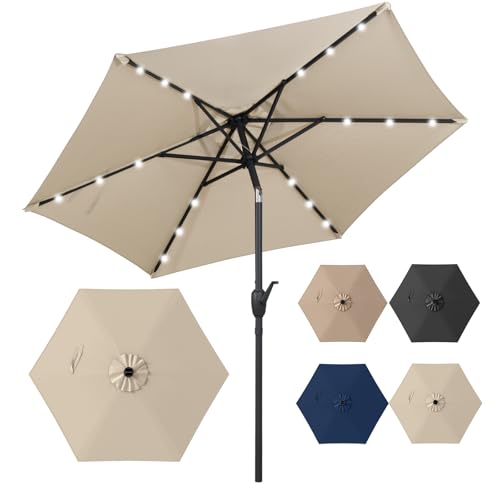 COSTWAY Parasol de Jardin Extérieur Ø 230 CM, Parasol Inclinable Lumineux Solaire, Bouton-Poussoir, Manivelle, Toit Ventilé, Cadre en Métal, pour Balcon Jardin Terrasse (Beige)