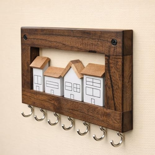 Image of 'Village' Hand Painted Wooden Key Holder for Home Stylish Decor(7hooks) Real Wood. Key Hangers for wall Key Holder Stand Key Stand for wall Keychain Holder for wall