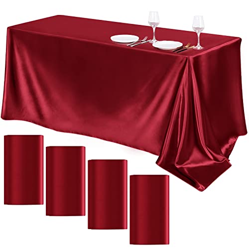 Image of TURSTIN 4 Pack Burgundy Satin Tablecloth 102 x 58 Inch Overlay Table Cover