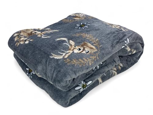 Plaid Sherpa Cervi Gris - Couverture en polaire douce avec dos d'agneau - Style tyrolien, imprimé cerf et étoiles alpines - 130 x 160 cm