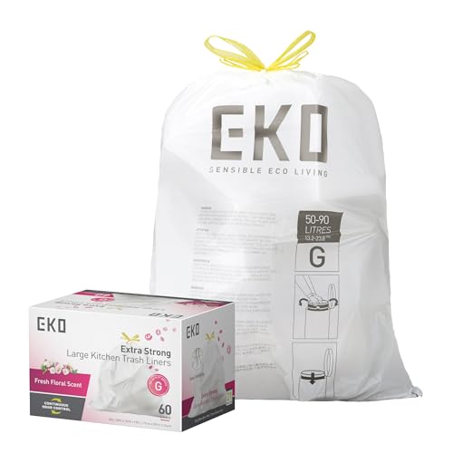 Image of EKO 21 Gallon / 50-90 Liter, 60 Count Drawstring Trash Bags, Extra-Strong Garbage Bags, Fresh Floral Scent with Continuous Odor Control, Easy-Dispense Roll for Kitchen and Household Use, Code G, White