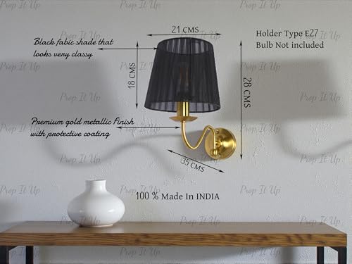 Image of Prop It Up Wall Sconce Light with Black Fabric Shade, Gold Metallic Finish Wall Lamp for Bedroom, Living Room, Hallways, E27 Holder, 28cm Height, Made in India, Bulb not Included