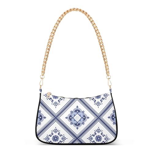 Sac à main bleu et blanc pour femme à motif traditionnel et 4 chaînes unique