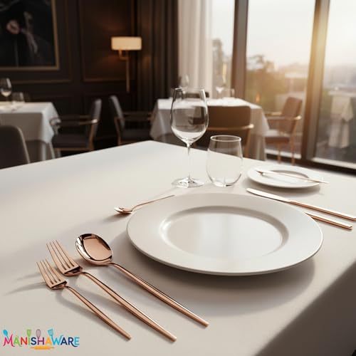 Image of Slim Handle Rose Gold 16 Pcs Stainless Steel Cutlery Set for Dining Table, Dishwasher Safe Glossy Flatware (4 Spoon Set+4 Forks Set+4 Butter Knife+4 Dessert Spoon)