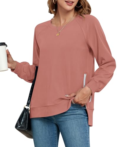 WNEEDU Sudadera Mujer sin Capucha Crew Jerseys con Abertura Lateral(Naranja Rosa L)