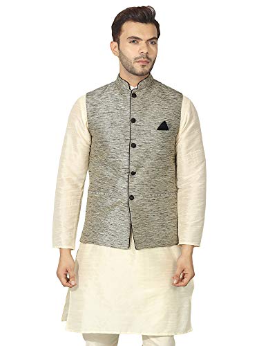 Image of Uri and MacKenzie Men's Silk Blend Regular Kurta Churidar Pyjama with Bundi Nehru Jacket /Waistcoat