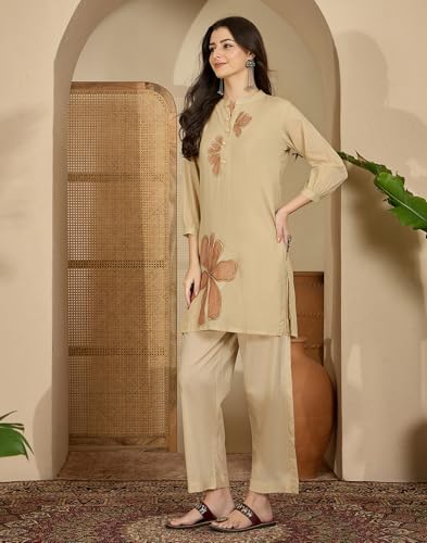 Image of SKYLEE Women's Cotton Embroidered Shirt Kurta Set | Co ord Set