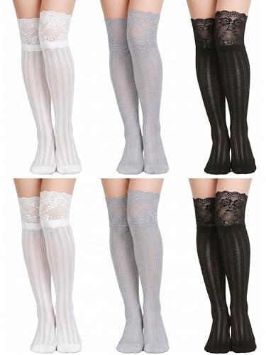 Image of Fourluoo 6 Pairs Women's Lace Knee High Socks with Trim Lolita Lace Boot Socks Long over Knee Stocking for Women