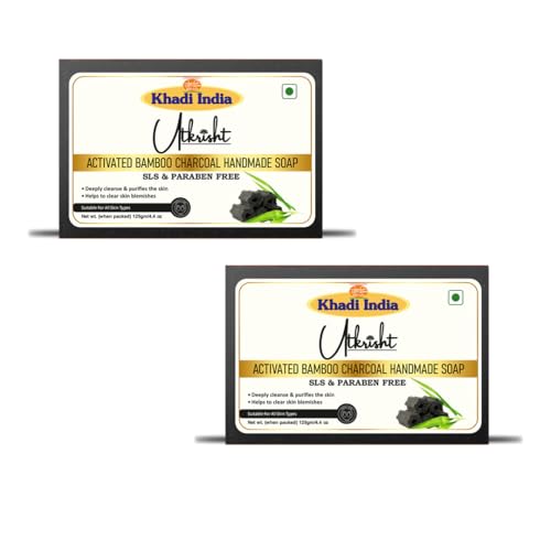 Image of Khadi Charcoal Handmade Bathing Soap Bar 125g (Pack of 2) | Natural & Herbal | Deep Cleansing for Glowing & Brightening Skin | For Wrinkles & Fine lines | All Skin Types | For Men & Women