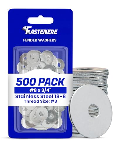 Fastenere Fender Washers #8 x 3/4" (500 Pack), Large Diameter, 18-8 Stainless Steel Plain Finish, Corrosion Resistant, High Tensile Strength Metal Hardware for Automotive and Construction Projects