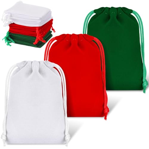 Wesnoy 200 Pcs Small Velvet Drawstring Bags Bulk Pouches, Red,Green,White