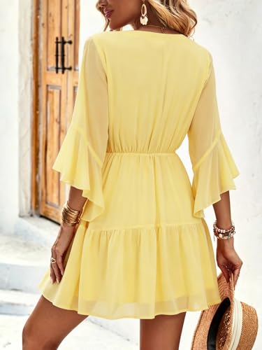 Image of Womens Spring Summer Mini Dress Western Ruffled Sleeve Chiffon V Neck Flowy A Line Short Wedding Guest Party Dresses
