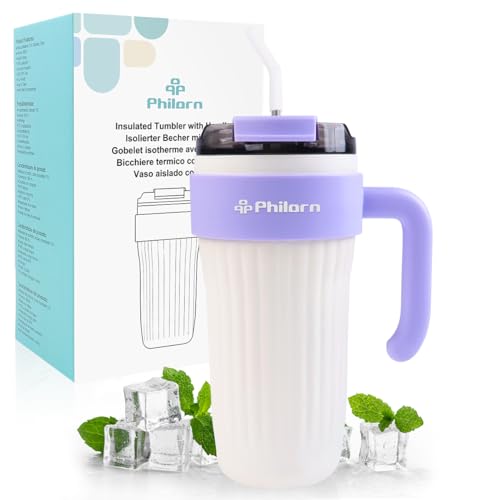 PHILORN 27 oz Tumbler with Lid, Straw & Handle, Stainless Steel Insulated Water Bottle, Leak Proof Travel Tumbler Fits in Cup Holder, White Cup for Cold & Hot Drinks