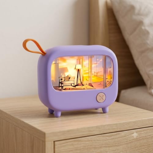Image of DreamGlow Mini TV Night Light for Kids & Bedroom Decor, Cute Retro LED Bedside Lamp with Warm Ambient Light, Portable Rechargeable Aesthetic Room Decor Gift (Purple)