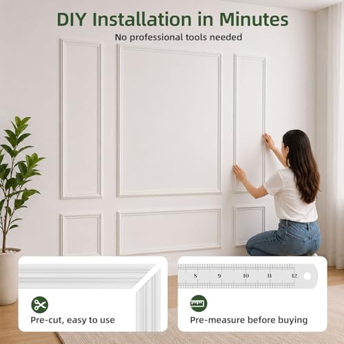 Image of Pre-Cut Wall Molding Kit, 6 Pcs Wainscoting Panels | Ready To Assemble, White Paintable Polystyrene, Wall Trim Moulding, For Living Room Bedroom Accent Wall, Install With Glue