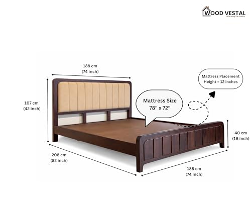 Image of Wood Vestal Sheesham Wood Bed with Upholstered Head & Vertical Slat Foot, Solid Wood in Walnut Finish, Modern Design | King Size - (78 inchx72 inch) Without Mattress & Side Tables | Low Hight | QVG - 6' - D