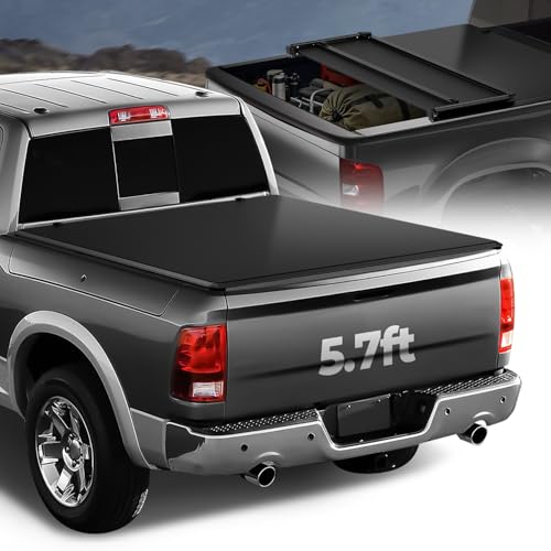Image of Auto Dynasty Soft Tri-Fold Tonneau Cover for 2009-2018 Ram 1500 5.7Ft Bed | Truck Bed Compatible with 2009-2018 Ram 1500, 2019-2025 Ram 1500 Classic, 5.7Ft /68Inch Fleetside Bed, Soft Vinyl Top