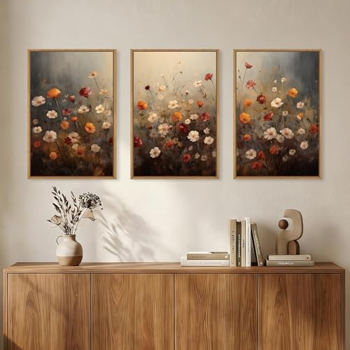 Image of KAIRNE Moody Colorful Wildflower Framed Canvas Wall Art Set,Vintage Daisy Floral Wall Decor,Watercolor Flowers Art Prints,Rustic Botanical Artwork for Living Room,Bedroom,Farmhouse,Office-16 x24 x3