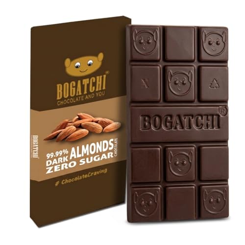 Image of BOGATCHI Premium 99% Dark Chocolate with Almonds, 60g | Intense Real Cocoa Dark Chocolate Bar | Rich Antioxidant Gourmet Chocolate | Roasted Almonds | No Artificial Flavours | Indulgent Healthy Snack