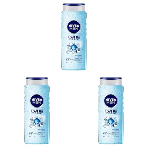 Image of NIVEA MEN Pure Impact Shower Gel, 500ml, (Hair, Face & Body Wash) (Pack of 3)