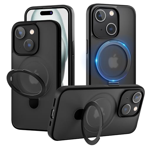 iPhone15/14 用 ケース リング付き【スタンド機能！MagSafe対応】米軍耐衝撃 永久磁石 リング マグネット搭載 縦横両対応 スタンド内蔵 半透明 ワイアレス充電 黄変防止 レンズ保護 iphone15 用 ケース 6.1インチ(ミッドナイト)