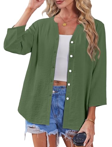 Image of OFEEFAN Button Down Shirts for Women 3 /4 Length Sleeve Tops V Neck Blouses Business Casual Outfits Loose Fit