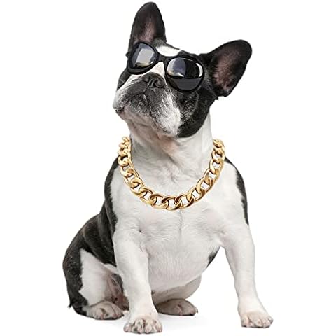 18K Gold Plated Dog Chain Collar-3/4 Inch (20mm)Width Cuban Link Durable Dog Necklace, Cute Fashion Pet Collar for Pit Bulldog, Light Metal Jewelry Bold Chain Puppy Accessories Cover