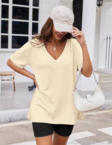 Image of Ekouaer Womens Pajamas 2 Piece Lounge Sets Oversized V Neck T-Shirts Tops Biker Shorts Set Workout Reversible Tracksuit S-XXL