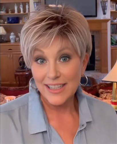 SEVENCOLORS Short White Blonde Pixie Cut Wigs for Women Layered Fluffy Mixed Blonde Wigs with Dark Roots Synthetic Hair Short Wig for White Women