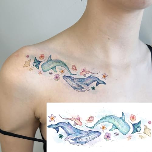 Image of VANTATY 12 Sheets Marine Life Ocean Animal Temporary Tattoos For Women Men Adults Forearm Tattoo Sticker, Realistic Watercolor Sea Whale Shark Turtle Fake Tattoos Hand Neck Body Art Temp Tatoos Makeup