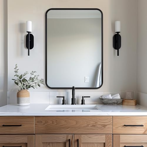 Image of ANDY STAR Black Bathroom Mirrors for Wall, 22X30 Inch Rounded Rectangle Mirror, Matte Black Bathroom Vanity Mirror, Tube Metal Framed Wall-Mounted Mirror Horizontally or Vertically