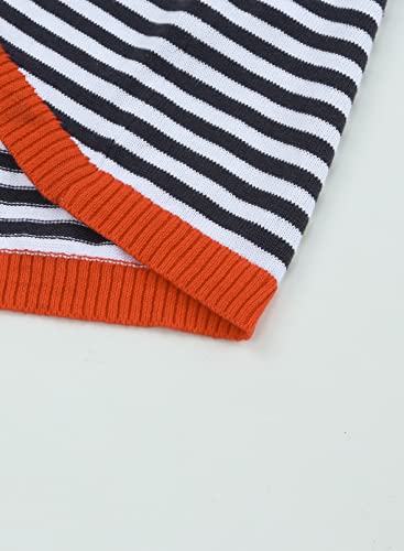 Image of Womens Sweaters Casual Crewneck Short Sleeve Striped Color Block Knitted Cotton Trendy Pullover Sweater Tops