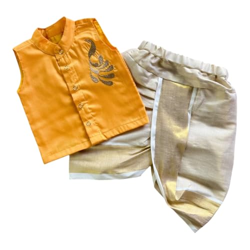 Image of Picksparrow Baby Boy Cotton Silk-Tissue Kasavu Cotton Shirt with Dhoti pant (Peacock-Sleeveless)