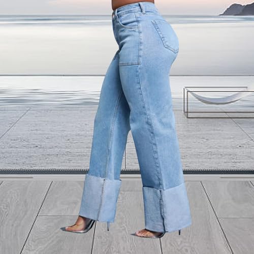 Women's Wide Leg Straight Jeans High Waisted Baggy Stretch Loose Denim Pants3
