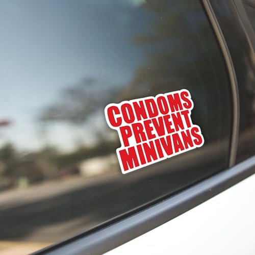 Image of Condoms Prevent Minivans Funny Vinyl Decal Sticker|Cars Trucks Vans Walls Laptops Cups|Red on White Background |5.5 inches|KCD919R