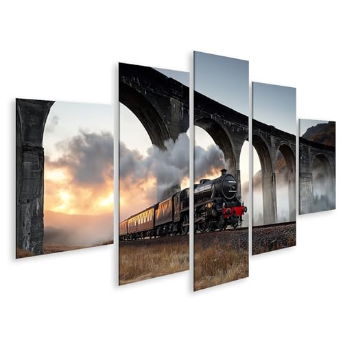 Tableau locomotive à vapeur sur viaduc 5 pièces salon décor ferroviaire