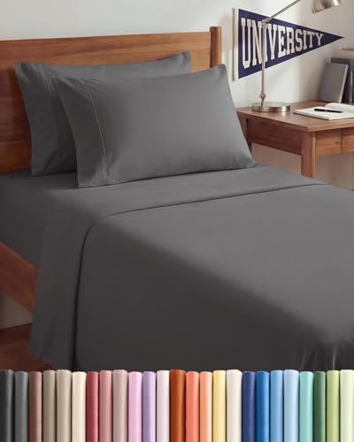 Image of Twin XL 4 Piece Sheet Set - College Dorm Room Essentials - Dark Grey | Ultra Soft Dorm Bedding Set, 8 inch to 16 inch Inch Deep Pockets, 1 Flat & 1 Fitted Sheet & 2 Pillowcases, Wrinkle & Fade Free